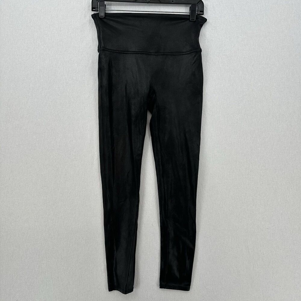 Spanx Faux Leather Leggings Womens Large Petite Black Pull On Pants Slimming EUC
